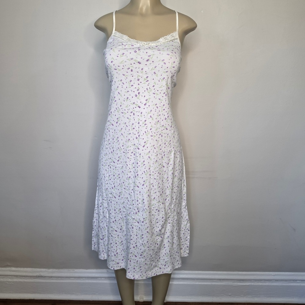Coquette Nightgown Womens L White Purple Floral Lace Trim Cotton Sleepwear Midi